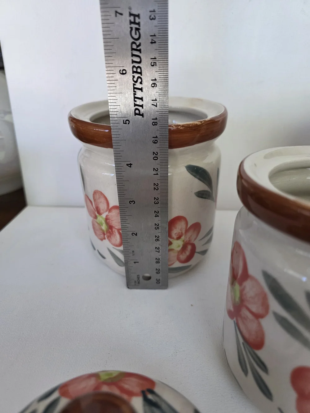 Vintage Hand-Painted Floral Ceramic Canister - Coral Flowers.